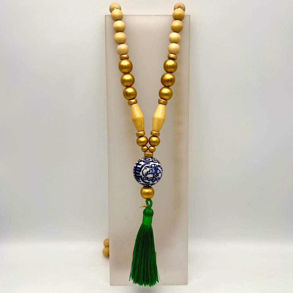 Oriental Porcelain Bead & Emerald Green Tassel Wood Bead Necklace